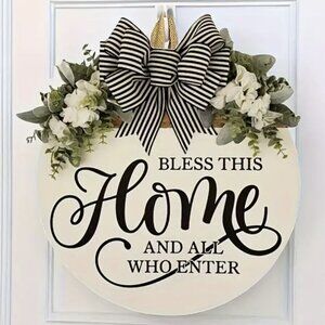 Wooden Hanging Wreath Bless This Home And All Who Enter Front Door Decor 11.8"